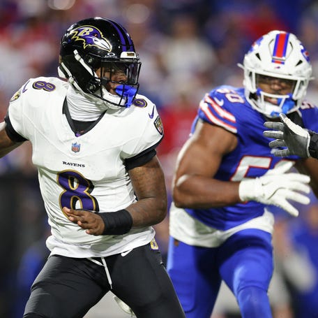 Lamar Jackson #8 of the Baltimore Ravens looks to pass the ball against the Buffalo Bills during the fourth quarter at Highmark Stadium on September 07, 2025 in Orchard Park, New York.