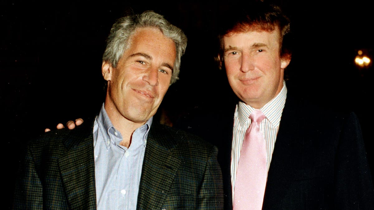 American financier Jeffrey Epstein and future President Donald Trump at his Mar-a-Lago estate in Palm Beach, Florida, in 1997.