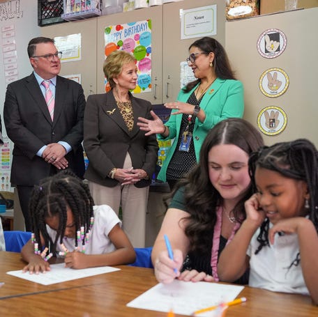 Secretary of Education Linda McMahon, center, visits charter school Pembroke Academy in Detroit on Sept. 8, 2025.