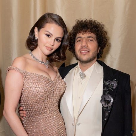 Selena Gomez, left, and Benny Blanco attend the 97th annual Oscars at Ovation Hollywood in Hollywood, California, on March 2, 2025.
