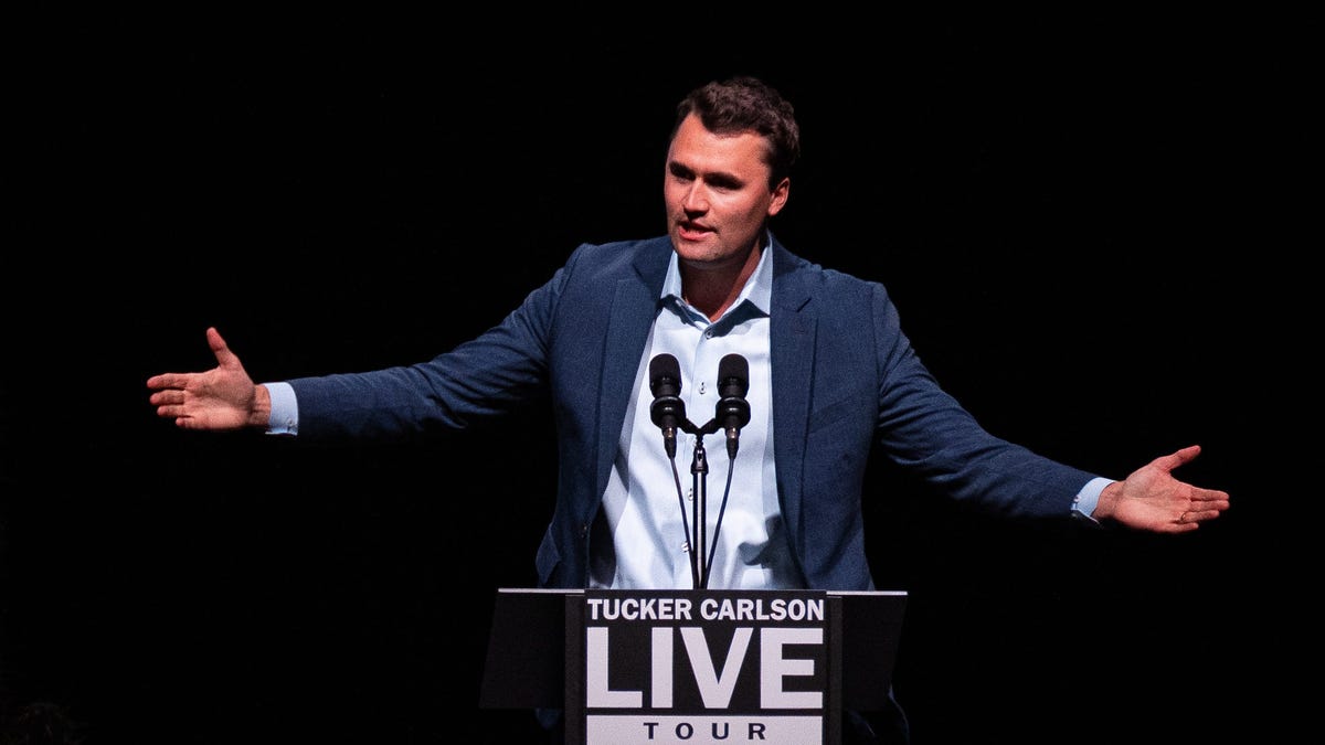 Charlie Kirk speaks at the Tucker Carlson Live Tour finale at Desert Diamond Arena on Oct. 31, 2024, in Glendale, Ariz.