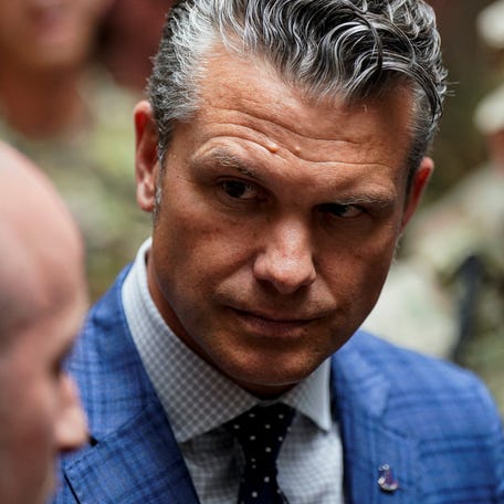 U.S. Defense Secretary Pete Hegseth looks on, during a visit to greet members of the National Guard, at Union Station in Washington, D.C., U.S., August 20, 2025. REUTERS/Al Drago/Pool