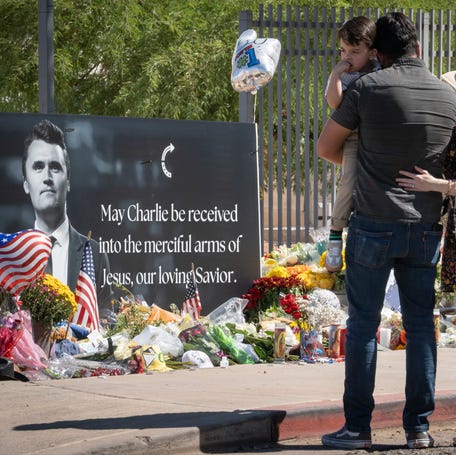A memorial for Charlie Kirk at the Turning Point Turning Point USA headquarters in Phoenix on Sept. 11, 2025.