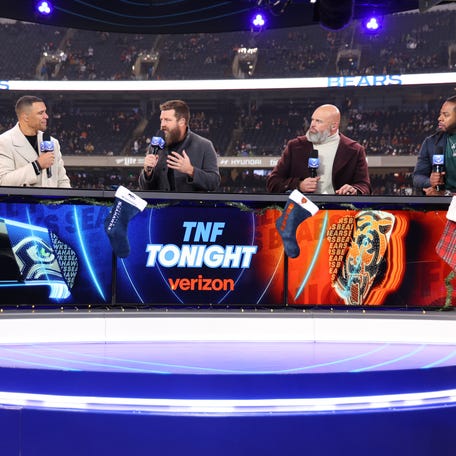 CHICAGO, ILLINOIS - DECEMBER 26: Charissa Thompson, Tony Gonzalez, Ryan Fitzpatrick, Andrew Whitworth and Richard Sherman on set of the TNF on Prime pregame show prior to the game between the Seattle Seahawks and the Chicago Bears at Soldier Field on December 26, 2024 in Chicago, Illinois. (Photo by Michael Reaves/Getty Images)