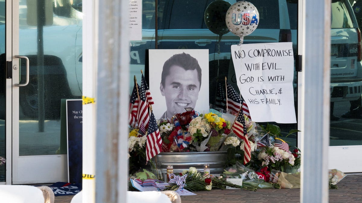 A memorial for Charlie Kirk at the Turning Point USA headquarters in Phoenix.