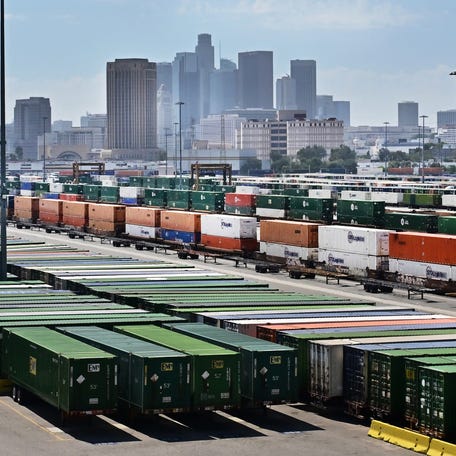 Shipping containers are seen at the rail yard at the LATC-Union Pacific Los Angeles Transportation Center oin Los Angeles. President Trump said on Sept. 2 that will seek a swift ruling from the Supreme Court on a decision that found many of his tariffs illegal.