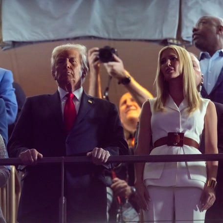 President Donald Trump and daughter Ivanka Trump with New Orleans Saints owner Gayle Benson before Super Bowl LIX between the Philadelphia Eagles and the Kansas City Chiefs at Caesars Superdome on Feb. 9, 2025.