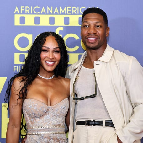 Meagan Good and Jonathan Majors attend the 7th Annual AAFCA TV Honors at The Hollywood Roosevelt in Los Angeles on Aug. 23, 2025.