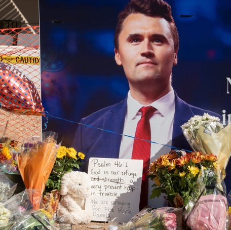 Memorial for conservative activist Charlie Kirk at Turning Point USA headquarters in Phoenix on Sept. 11, 2025.