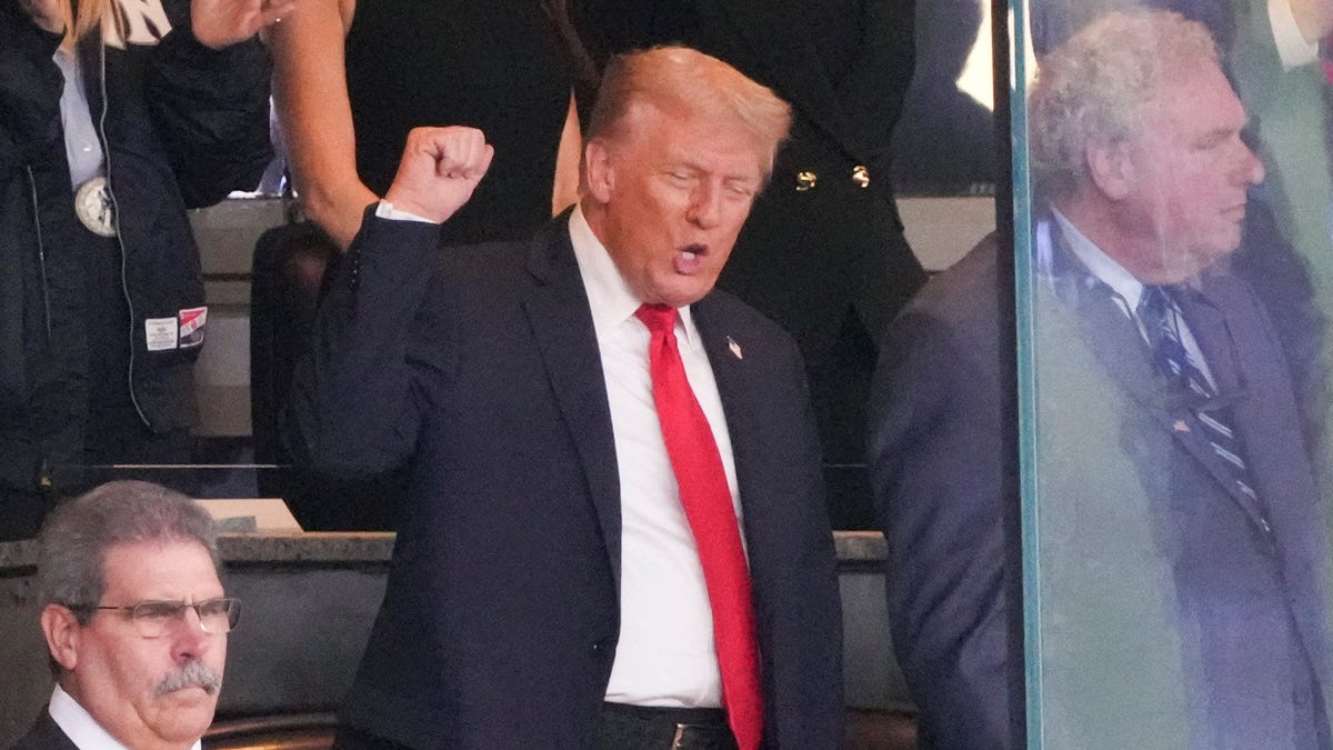 U.S. President Donald Trump gestures as he attends the Yankees Baseball Game at Yankee Stadium in New York City, U.S., September 11, 2025.