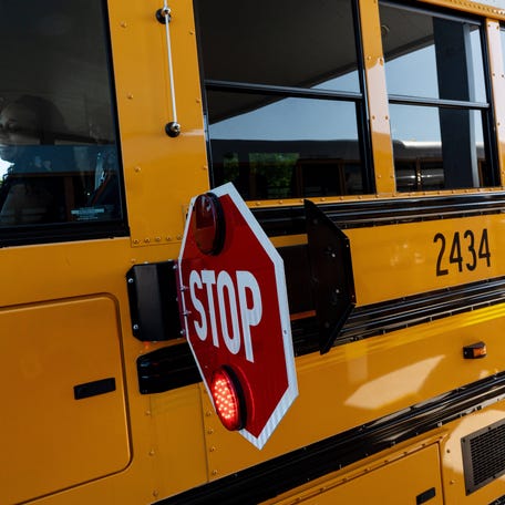 Cameras are set to be installed on the stop arms of Lee County School District buses to aid in traffic enforcement. Photographed on Thursday, Aug. 7, 2025. The district is prepping for the start of the new school year. Classes begin on Monday, Aug 11. The cameras have not been installed on the buses yet. It is illegal to pass a school bus when the stop arm is in view.