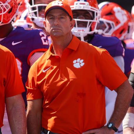 Clemson coach Dabo Swinney prepares to run on the field with his team before its game against Georgia Tech at Bobby Dodd Stadium at Hyundai Field in Atlanta.
