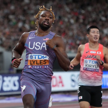 Sep 13, 2025; Tokyo, Japan; Noah Lyles (USA) runs a qualifying heat in the men's 100 meter during the World Athletics Championships at National Stadium. Mandatory Credit: Kirby Lee-Imagn Images