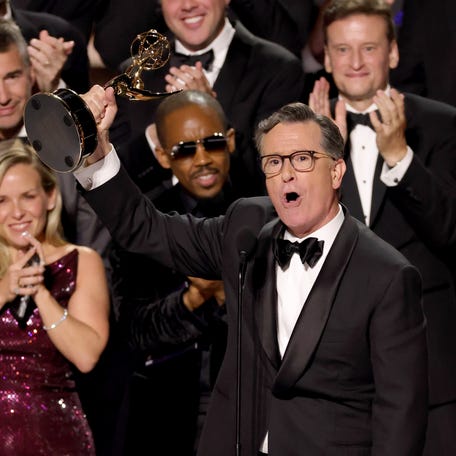 Stephen Colbert accepts the Outstanding Talk Series Award for "The Late Show with Stephen Colbert" onstage during the 77th Primetime Emmy Awards in Los Angeles on Sept. 14, 2025.
