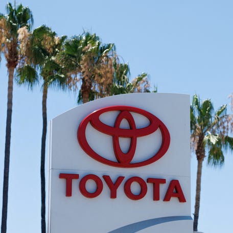 A Toyota sign is shown at a Toyota dealership in Tustin, California, U.S. July 7, 2025.