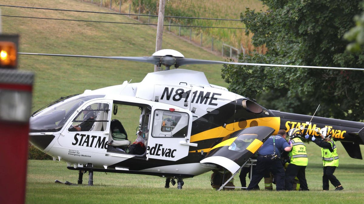 An officer is loaded into a helicopter at North Codorus incident Sept. 17, 2025.