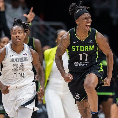Seattle Storm guard Erica Wheeler (17) reacts after making a 3-point basket during the second half of Game 2 against the Las Vegas Aces at Climate Pledge Arena on Sept. 16, 2025.
