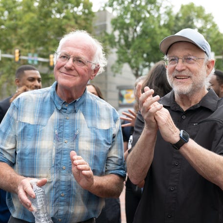 Ben Cohen and Jerry Greenfield, co-founders of Ben & Jerry's, partnered with MoveOn to hand out free ice cream at Franklin Square in Philadelphia during their Scoop The Vote tour to get-out-the-vote for Vice President Kamala Harris and Democrats down the ballot. on September 16, 2024 in Philadelphia, Pennsylvania.