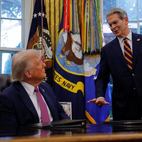 U.S. President Donald Trump speaks with U.S. Secretary of the Treasury Scott Bessent, in the Oval Office, at the White House in Washington, D.C., U.S., September 5, 2025.