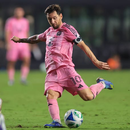 Lionel Messi shoots the ball during Inter Miami's game against Seattle Sounders at Chase Stadium on Sept. 16, 2025.