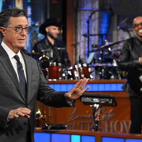 Stephen Colbert speaks on "The Late Show" on Sept. 11, 2025.