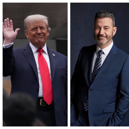 Donald Trump at the U.S. Open in September 2025 and Jimmy Kimmel in 2024. Kimmel's "Jimmy Kimmel Live!" was pulled off the air Sept. 17 after comments from Trump's FCC chairman.