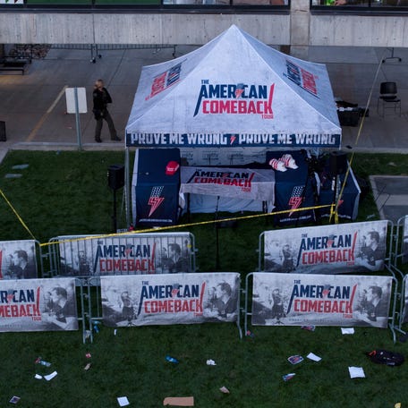 FILE PHOTO: A drone view shows the scene where U.S. right-wing activist, commentator Charlie Kirk, an ally of U.S. President Donald Trump, was fatally shot during an event at Utah Valley University, in Orem, Utah, U.S. September 11, 2025.