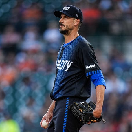 Detroit Tigers pitcher Charlie Morton (50) looks on before pitching against Atlanta Braves during the first inning at Comerica Park in Detroit on Friday, Sept. 19, 2025.