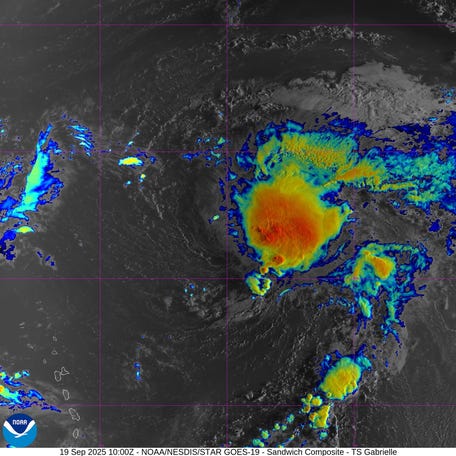 Satellite view of Tropical Storm Gabrielle 6 a.m. Sept. 19, 2025.