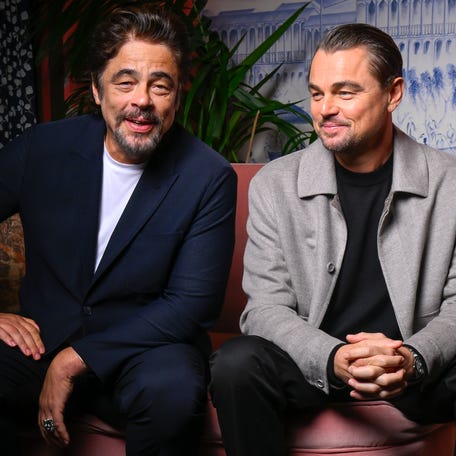 Leonardo DiCaprio (right) and Benicio del Toro share a laugh while posing for a portrait at The Aster hotel in Los Angeles on Sept. 9, 2025. DiCaprio and del Toro star in director Paul Thomas Anderson's new film 