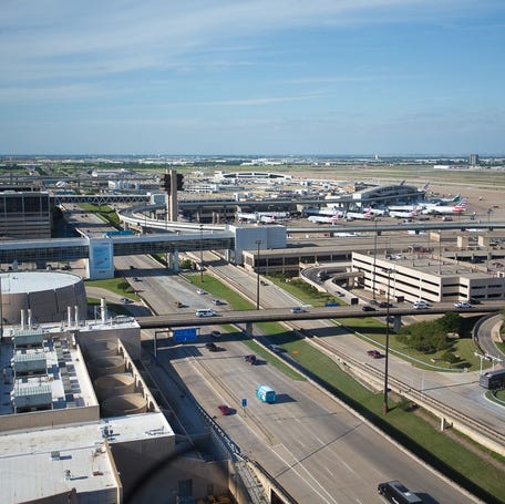 A bird's-eye view of Dallas-Fort Worth International Airport in April 2019, showing Terminal A and part of Terminal C.
