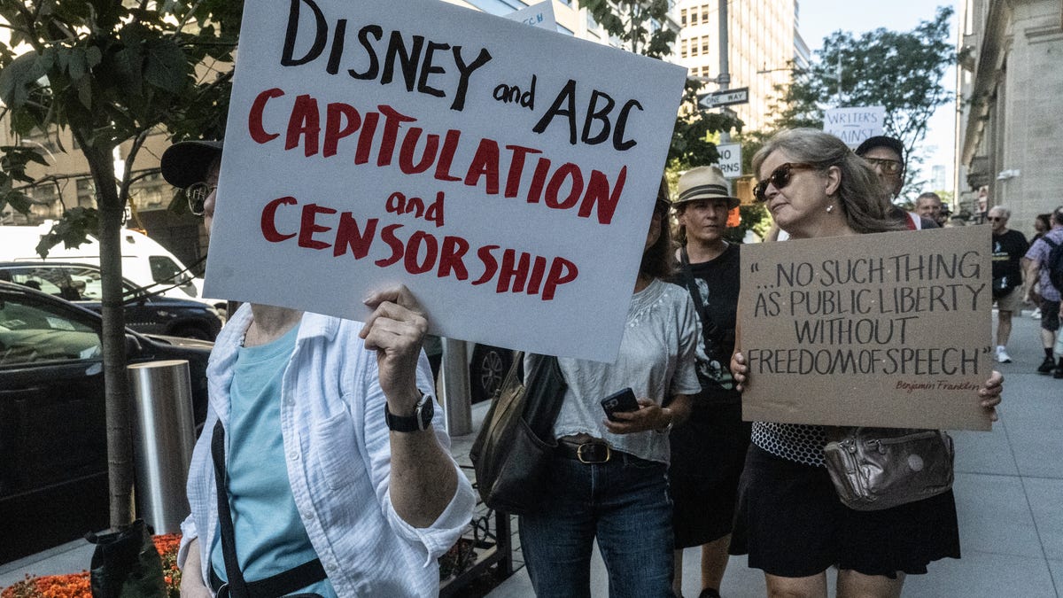 People participate in a protest, organized by the Writers Guild of America East, against ABC's decision to suspend Jimmy Kimmel from his late night show on September 19, 2025 in New York City. ABC suspended Kimmel over comments he made about Charlie Kirk's shooting.