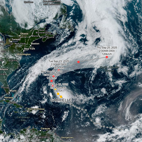 Satellite imagery of Tropical Storm Gabrielle on Saturday, Sept. 20.