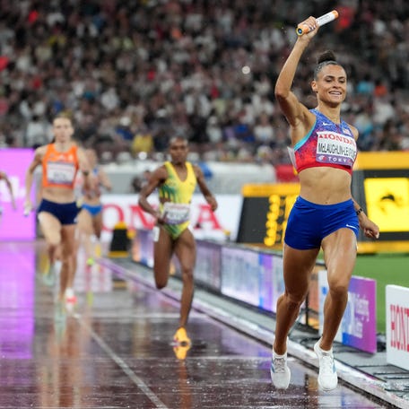 Sep 21, 2025; Tokyo, Japan; Sydney Mclaughlin-Levrone (USA) wins the womens 4x400m relay final at National Stadium. Mandatory Credit: Kirby Lee-Imagn Images