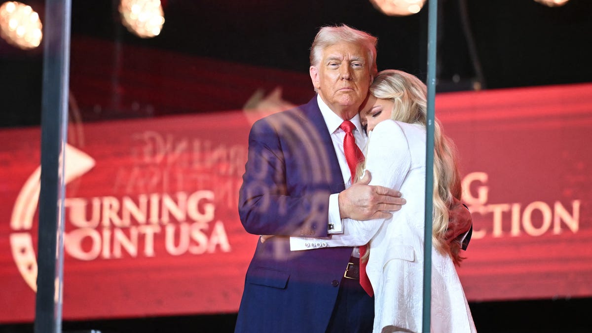 Donald Trump embraces Erika Kirk at Charlie Kirk memorial