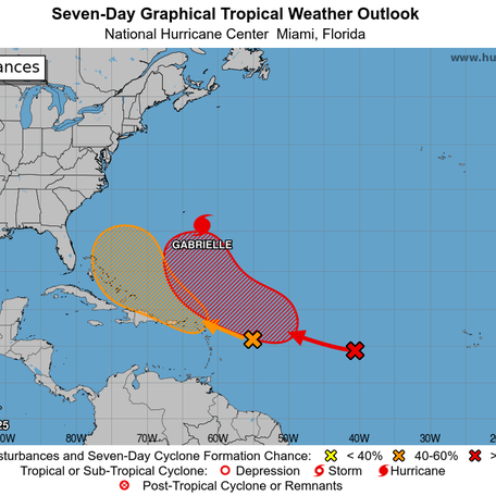 A forecast map from the National Hurricane Center shows Hurricane Gabrielle in the Atlantic as well as two tropical waves forecasters are monitoring on Monday, Sept. 22, 2025.