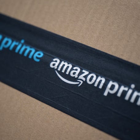 An Amazon Prime logo is pictured on a parcel in Manta, Northwestern Italy on March 29, 2024.