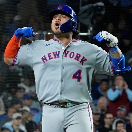 Francisco Alvarez celebrates his home run against the Cubs on Tuesday.