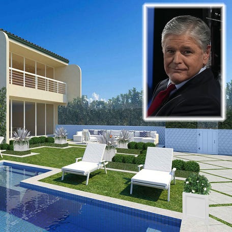 A rendering shows the completed outdoor area that Fox News host Sean Hannity, inset, plans to create out of two pool patios behind the pair of side-by-side beachfront townhouses he bought for a combined $20.5 million in Palm Beach in the Residences of Sloan's Curve.