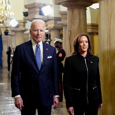 President Joe Biden and Vice President Kamala Harris arrive at Donald Trump's second presidential inauguration on Jan. 20, 2025, at the U.S. Capitol in Washington, DC.