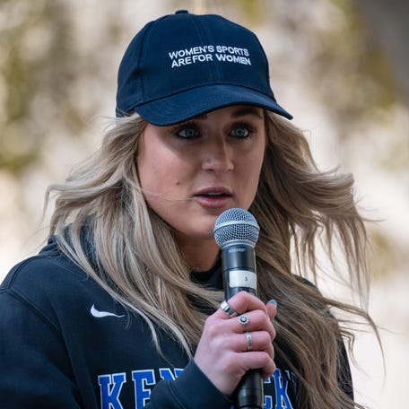 Riley Gaines speaks at supporters at Independent Women's Forum's "Our Bodies, Our Sports: We Won't Back Down" rally outside Phoenix City Hall on Jan. 11, 2024, in Phoenix.