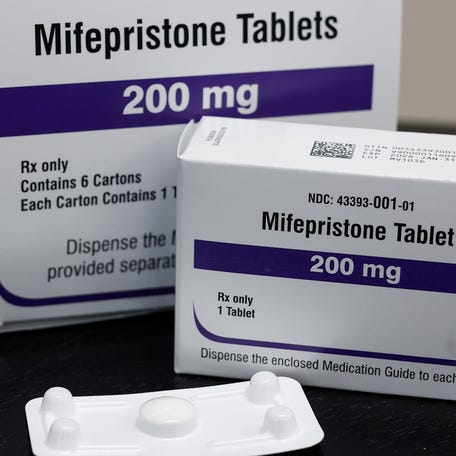 In this photo illustration, packages of Mifepristone tablets are displayed at a family planning clinic on April 13, 2023 in Rockville, Maryland.