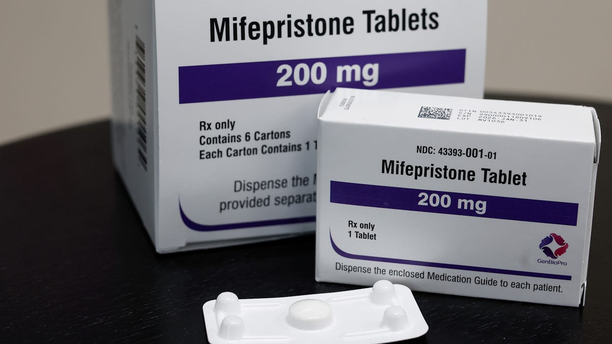 In this photo illustration, packages of Mifepristone tablets are displayed at a family planning clinic on April 13, 2023 in Rockville, Maryland.