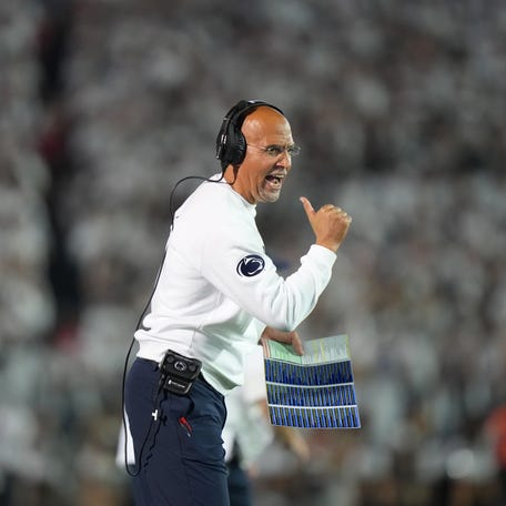 Sep 27, 2025; University Park, Pennsylvania, USA; Penn State Nittany Lions head coach James Franklin reacts during the fourth quarter against the Oregon Ducks at Beaver Stadium. Mandatory Credit: James Lang-Imagn Images