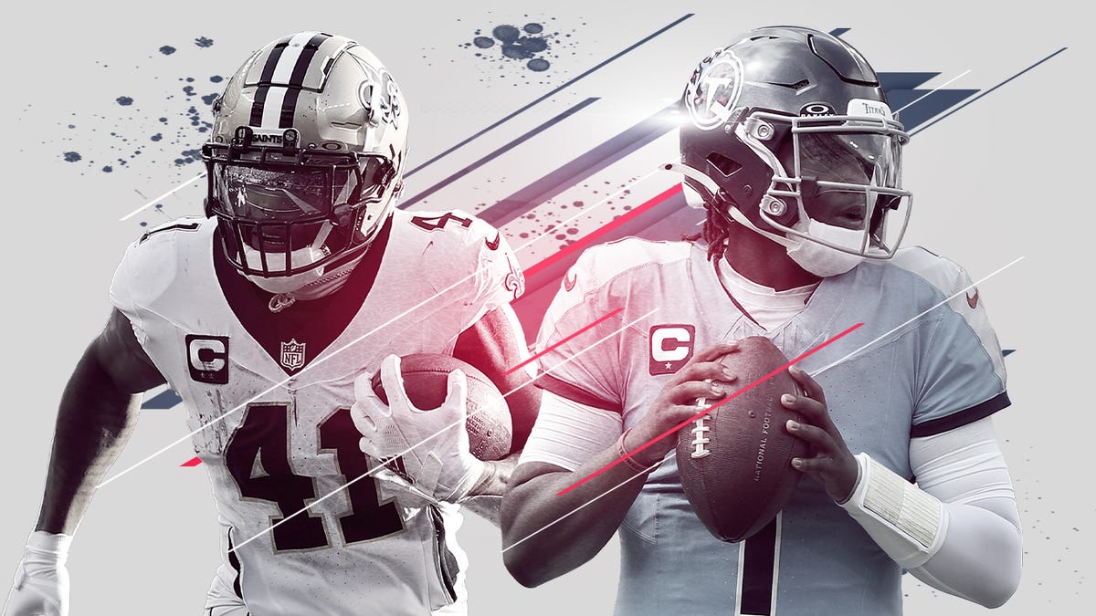 New Orleans Saints' Alvin Kamara and Tennessee Titans' Cam Ward