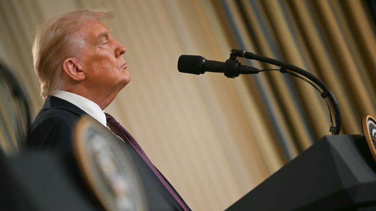 President Donald Trump participates in a joint press conference with Israeli Prime Minister Benjamin Netanyahu (off frame) in the State Dining Room of the White House on September 29, 2025.