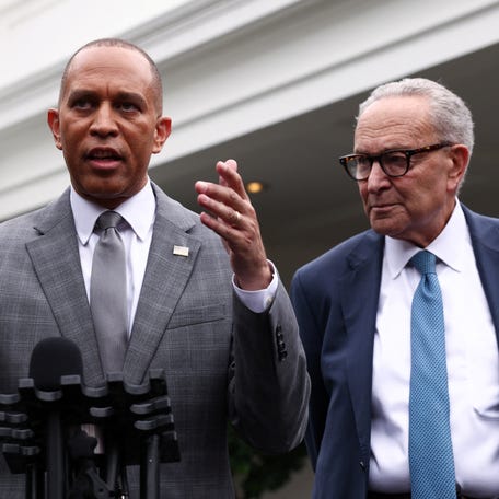 House Minority Leader Hakeem Jeffries, D-New York, speaks with Senate Minority Leader Chuck Schumer, D-New York, after they met with President Donald Trump and Republican leaders on Sept. 29, 2025, at the White House about the government shutdown. Funding for the federal government expires at midnight Sept. 30.