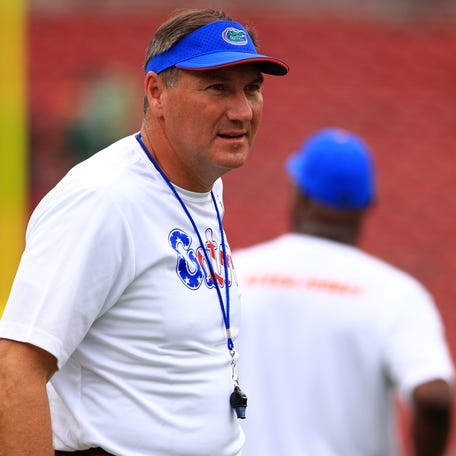 TAMPA, FLORIDA - SEPTEMBER 11: Head coach Dan Mullen of the Florida Gators looks on during a game against the South Florida Bulls at Raymond James Stadium on September 11, 2021 in Tampa, Florida. (Photo by Mike Ehrmann/Getty Images)