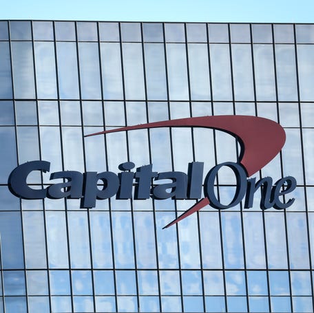The logo for consumer lending firm Capital One Financial Corp is seen on its headquarters on Jan. 20, 2023 in McLean, Va.