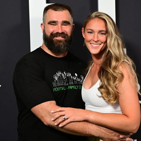 Kylie Kelce, right, and husband Jason Kelce attend the premiere of "Kelce" in Philadelphia on Sept. 8, 2023.